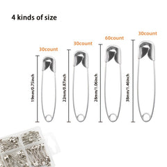 150pcs Safety Pins 4 Sizes Metal Silvery Sewing Supplies