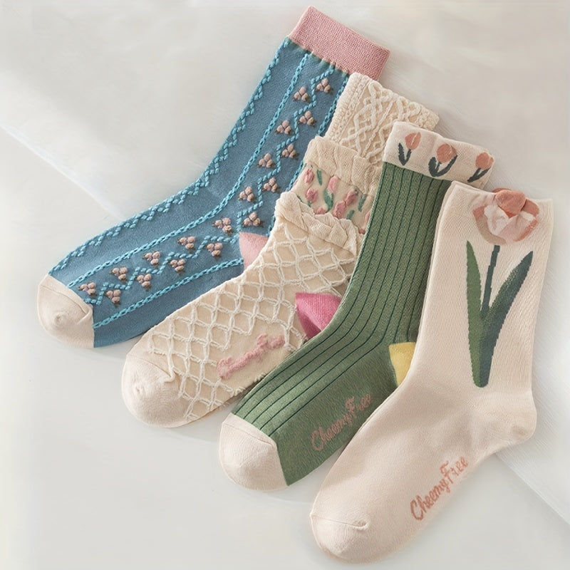 8 Pairs Floral Print Mid Tube Socks Women's Stockings