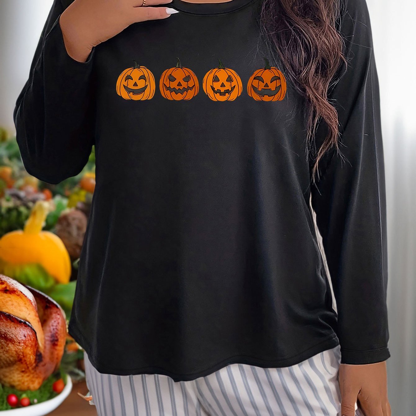 Pumpkin Graphic Long Sleeve Round Neck T-shirt