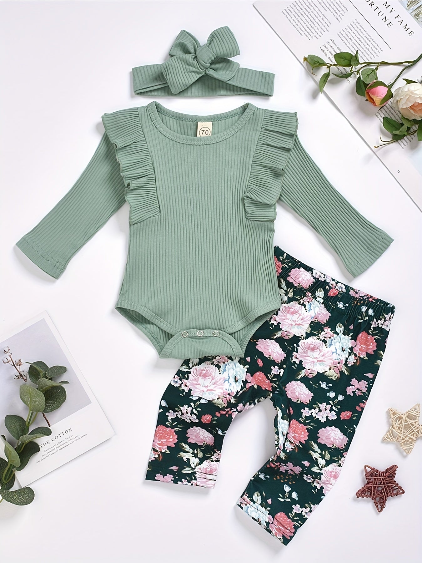 Baby Girls Ruffle Trim Bodysuit Floral Pants Set Outfit
