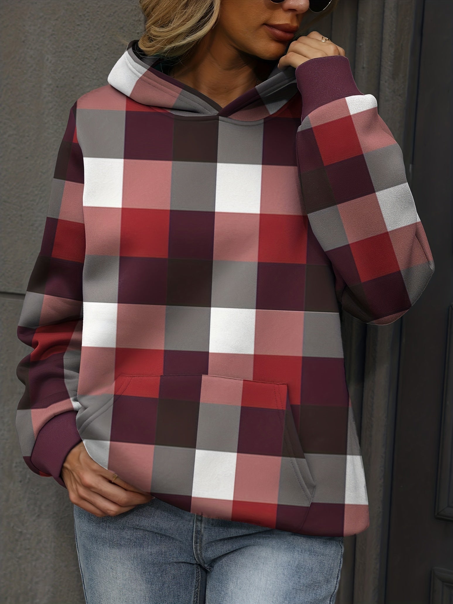 Plaid Print Kangaroo Pocket Hoodie Casual Long Sleeve Hoodies Sweatshirt