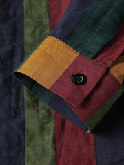 Men's Casual Cotton Linen Striped Shirts, Long Sleeves, Beach Holiday
