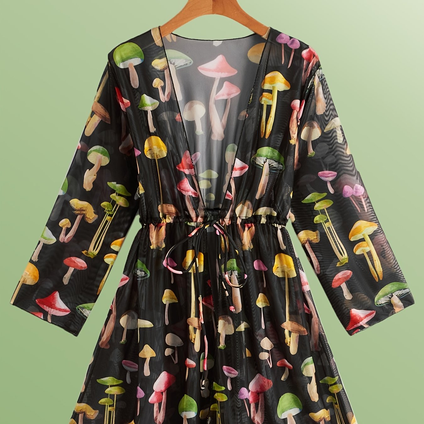 Mushroom Print Long Sleeve Cover Ups Semi Sheer High Stretch