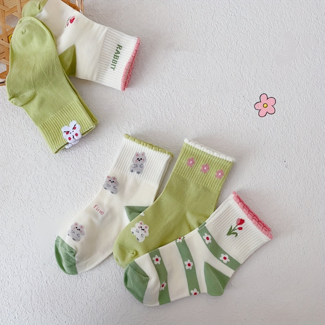 5 Pairs Cartoon Crew Socks for Girls, All Seasons Boneless Children's Socks