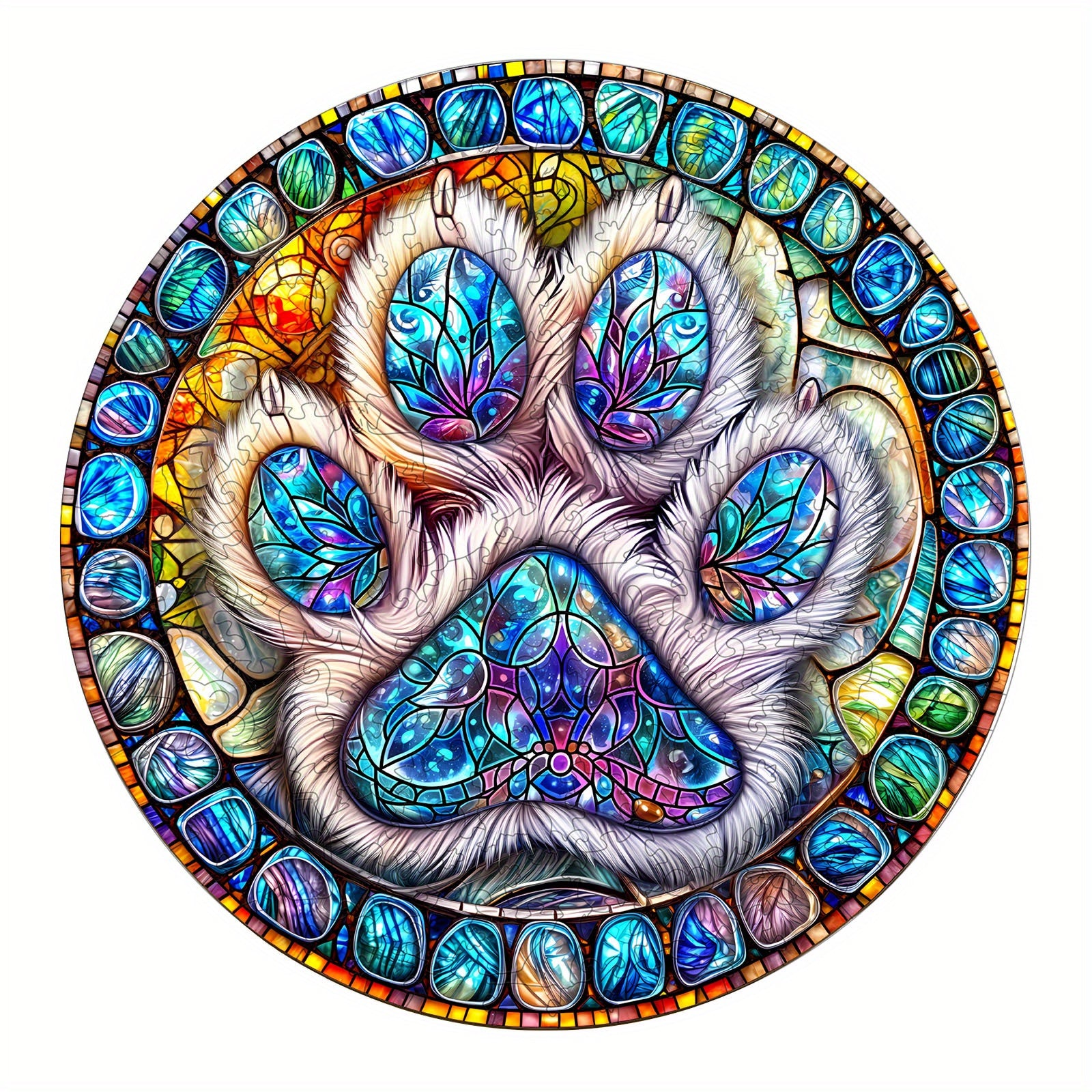 Colorful Paw Print Wooden Jigsaw Puzzle Animal Shapes Stained Glass Style