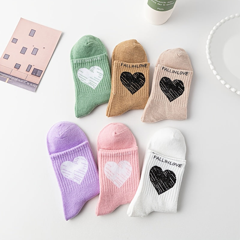Heart Print Mid Tube Socks, 6 Pairs