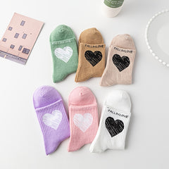 Heart Print Mid Tube Socks, 6 Pairs