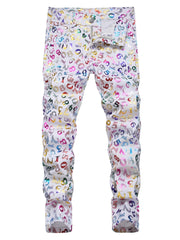Boys Fluorescent Number Pattern Jeans Skinny Slim Fit Washed Denim Long Pants
