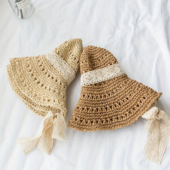 Hollow Crochet Bucket Hat Lace Ribbon Tie Wide Brim Straw Sun Hat