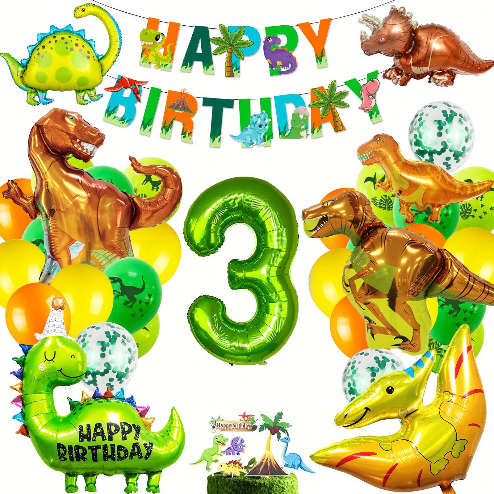 Dino 1-5 Birthday Decor Set: Foil Balloons, Green Balloons, Photo