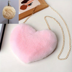Heart Shape Plush Chain Crossbody Bag with Fur Ball Pendant