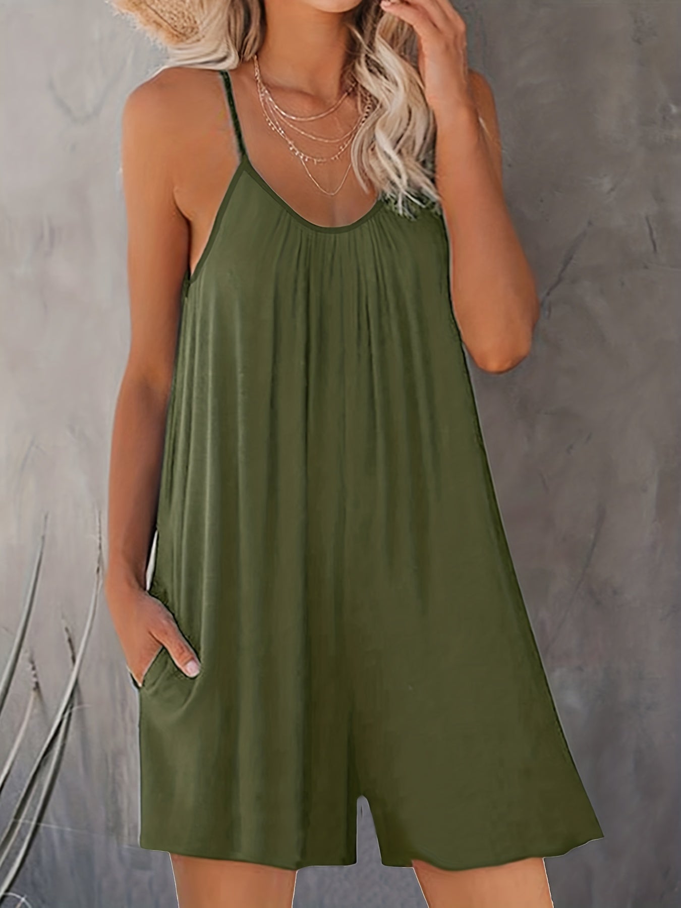 Ruched Cami Rompers Casual Sleeveless Rompers With Pockets