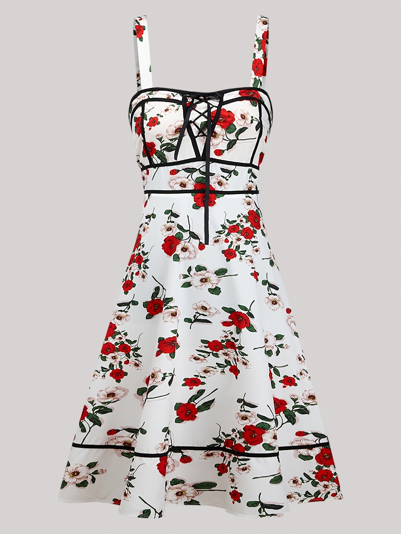 Rose Print Lace Up Square Neck Tank Dress