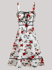 Rose Print Lace Up Square Neck Tank Dress