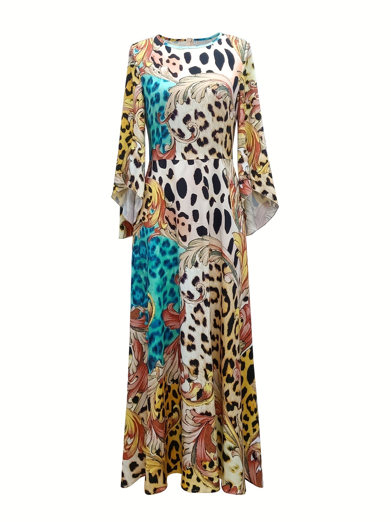 Leopard Print Splicing Dress Boho Maxi Dress With Pockets