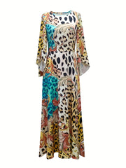 Leopard Print Splicing Dress Boho Maxi Dress With Pockets