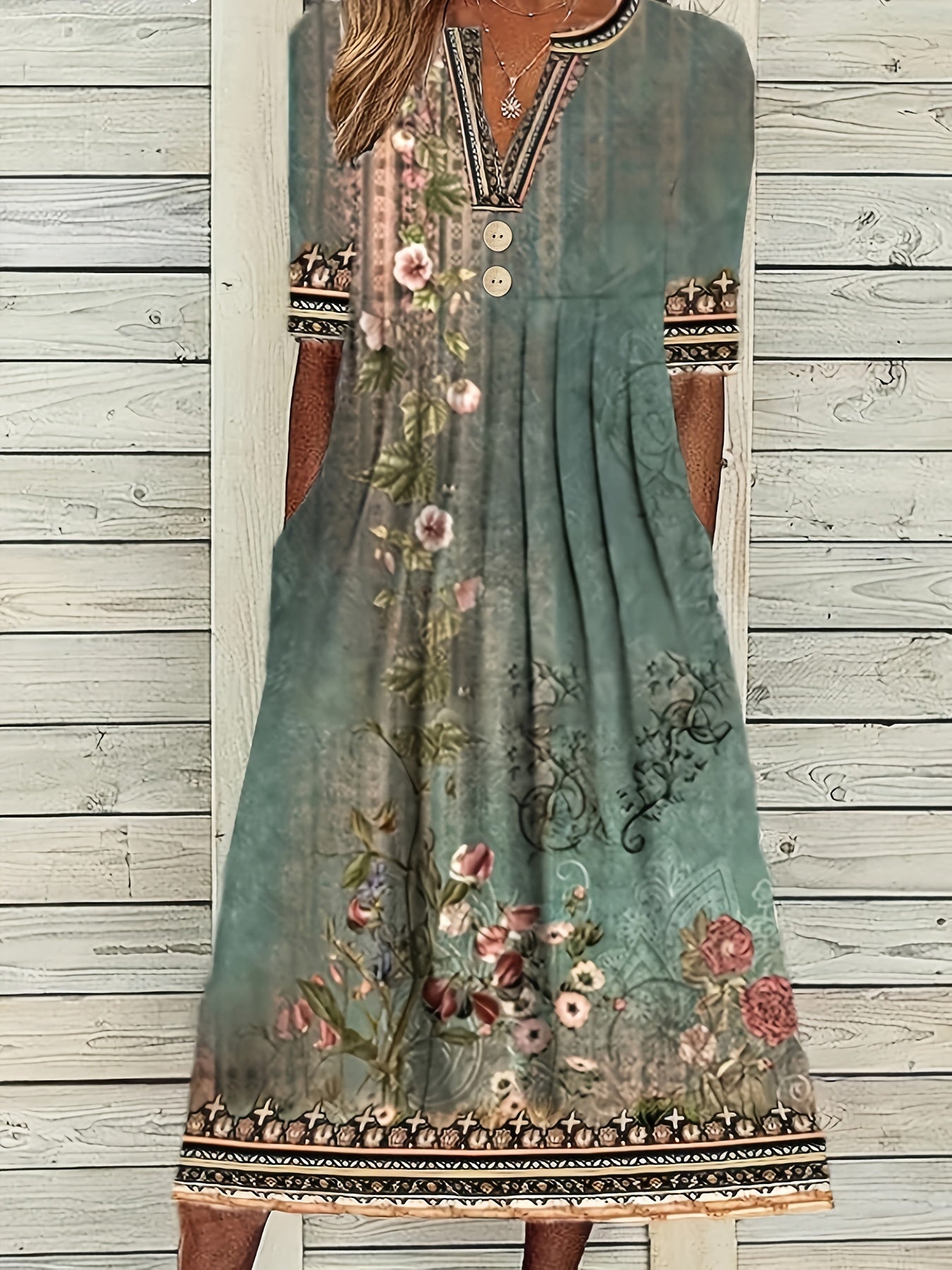Floral Print Short Sleeve Summer Dress With Pockets