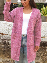 Solid Knitted Long Sleeve Open Front Cardigan With Pockets