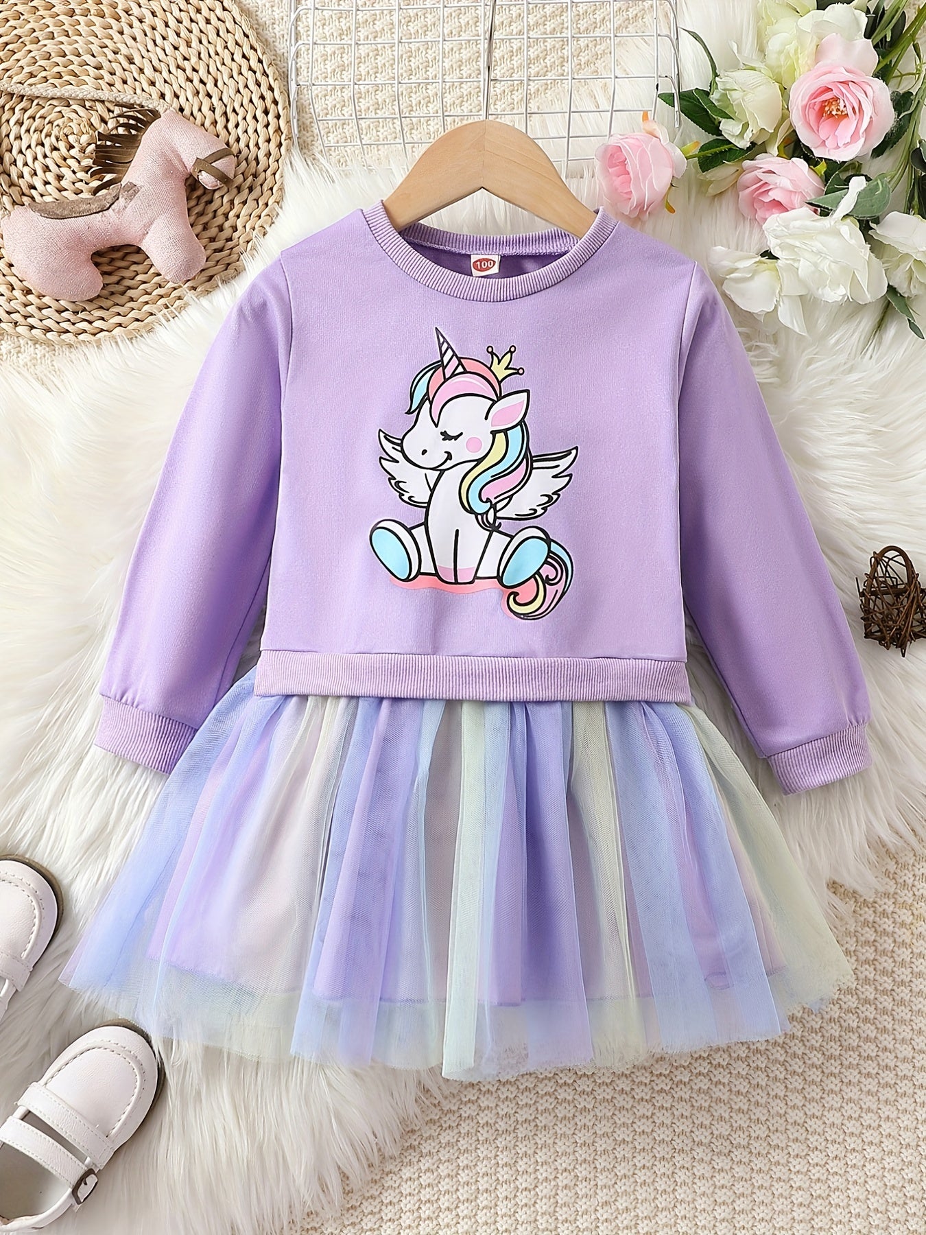 Girls Unicorn Long Sleeve Tutu Dress Tulle Stitching Casual Dress