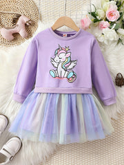 Girls Unicorn Long Sleeve Tutu Dress Tulle Stitching Casual Dress