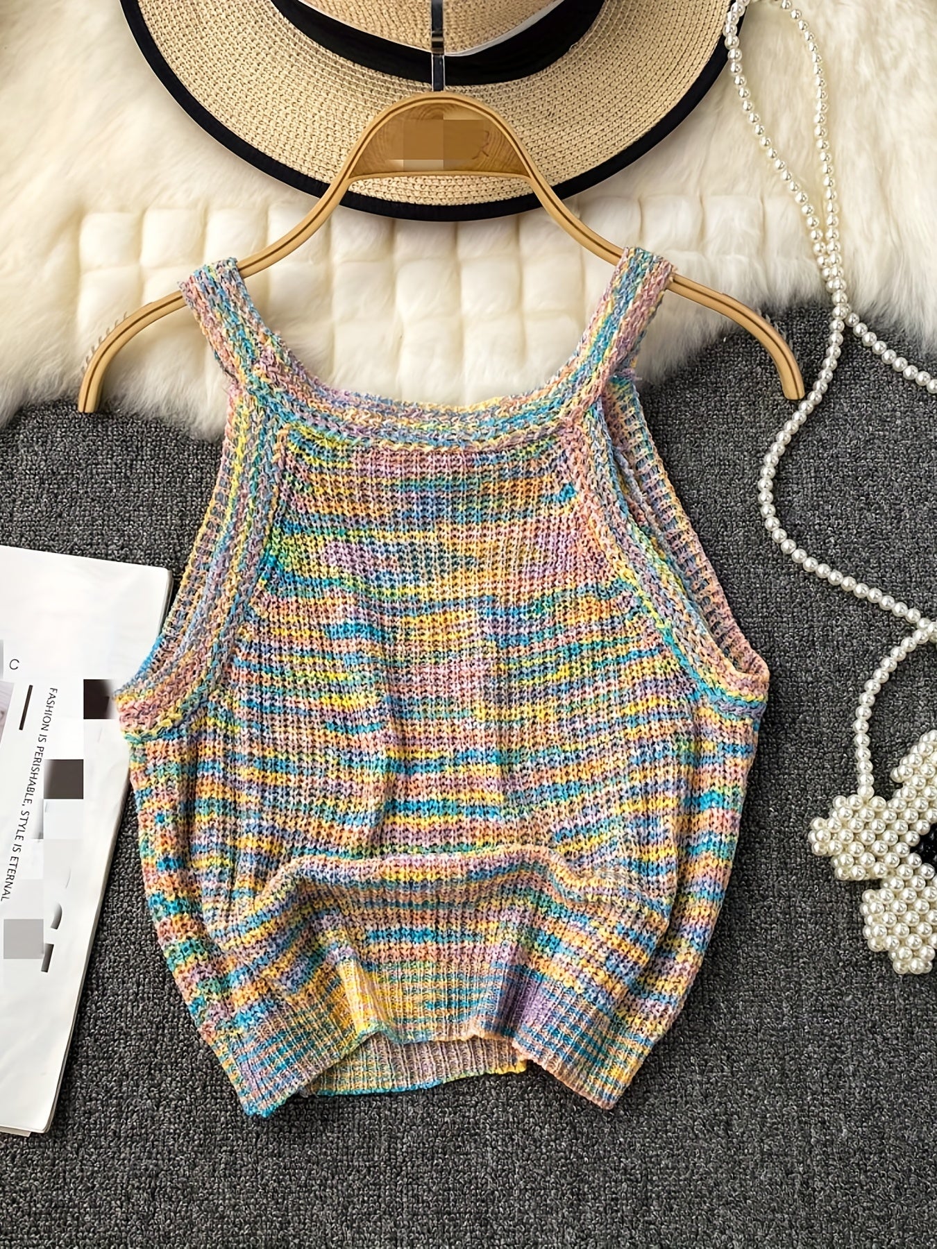 Colorful Knit Halter Neck Top Women's Clothing