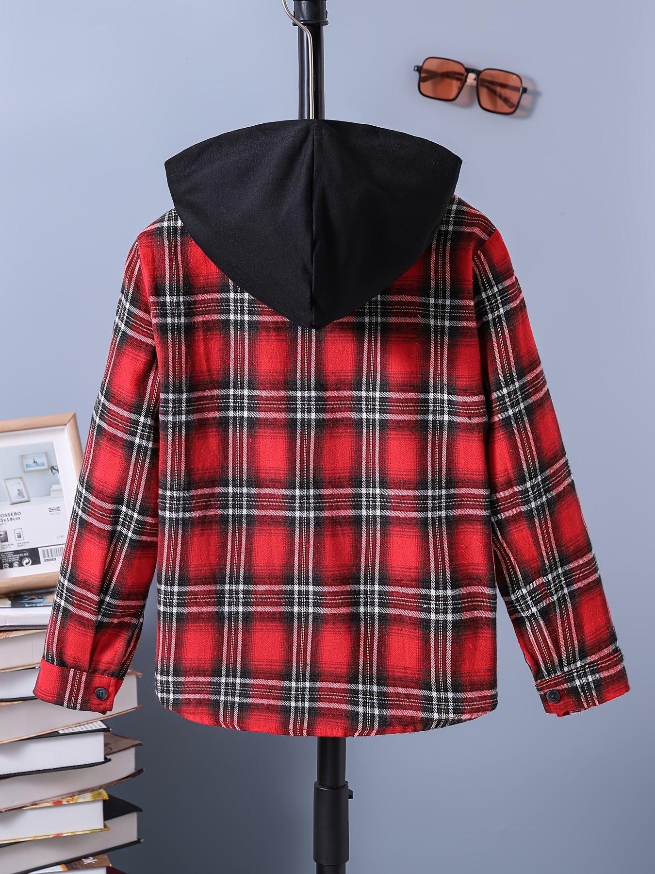Boys Plaid Hooded Shirts Long Sleeve Button Down Hoodie Tops