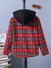 Boys Plaid Hooded Shirts Long Sleeve Button Down Hoodie Tops