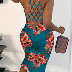 Floral Print Bodycon Criss Cross Dress Backless Spaghetti Dress