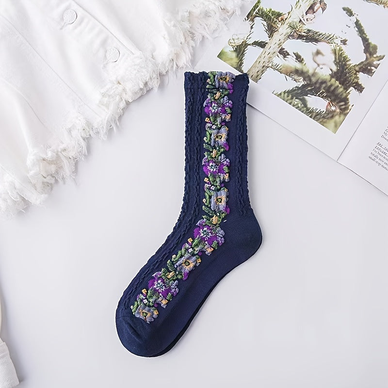 5 Pairs Ethnic Style Socks Floral Embroidery Mid Tube Women's Stockings