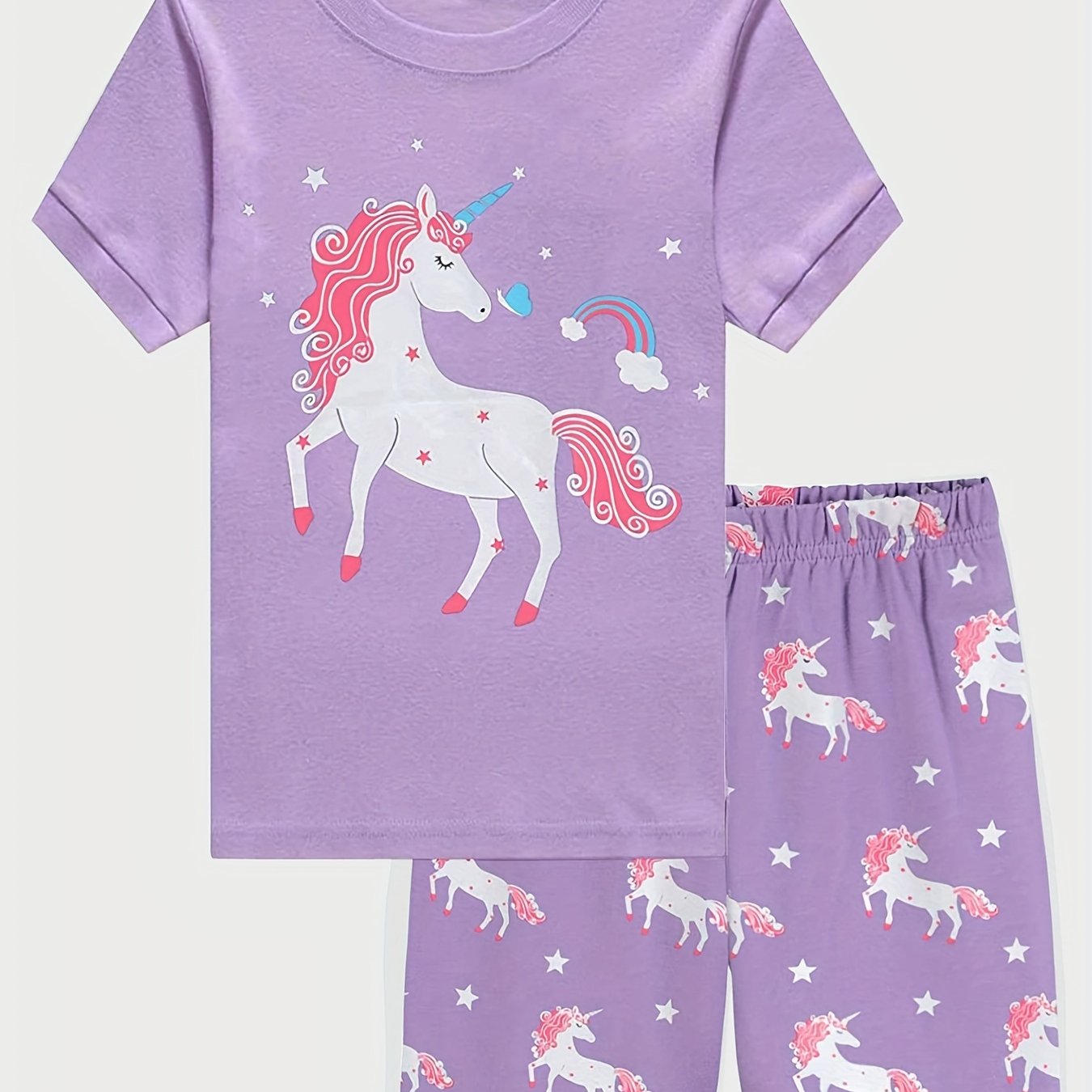 Girls Unicorn Graphic Pajamas Set Short Sleeve Tee & Shorts Sleepwear