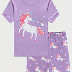 Girls Unicorn Graphic Pajamas Set Short Sleeve Tee & Shorts Sleepwear