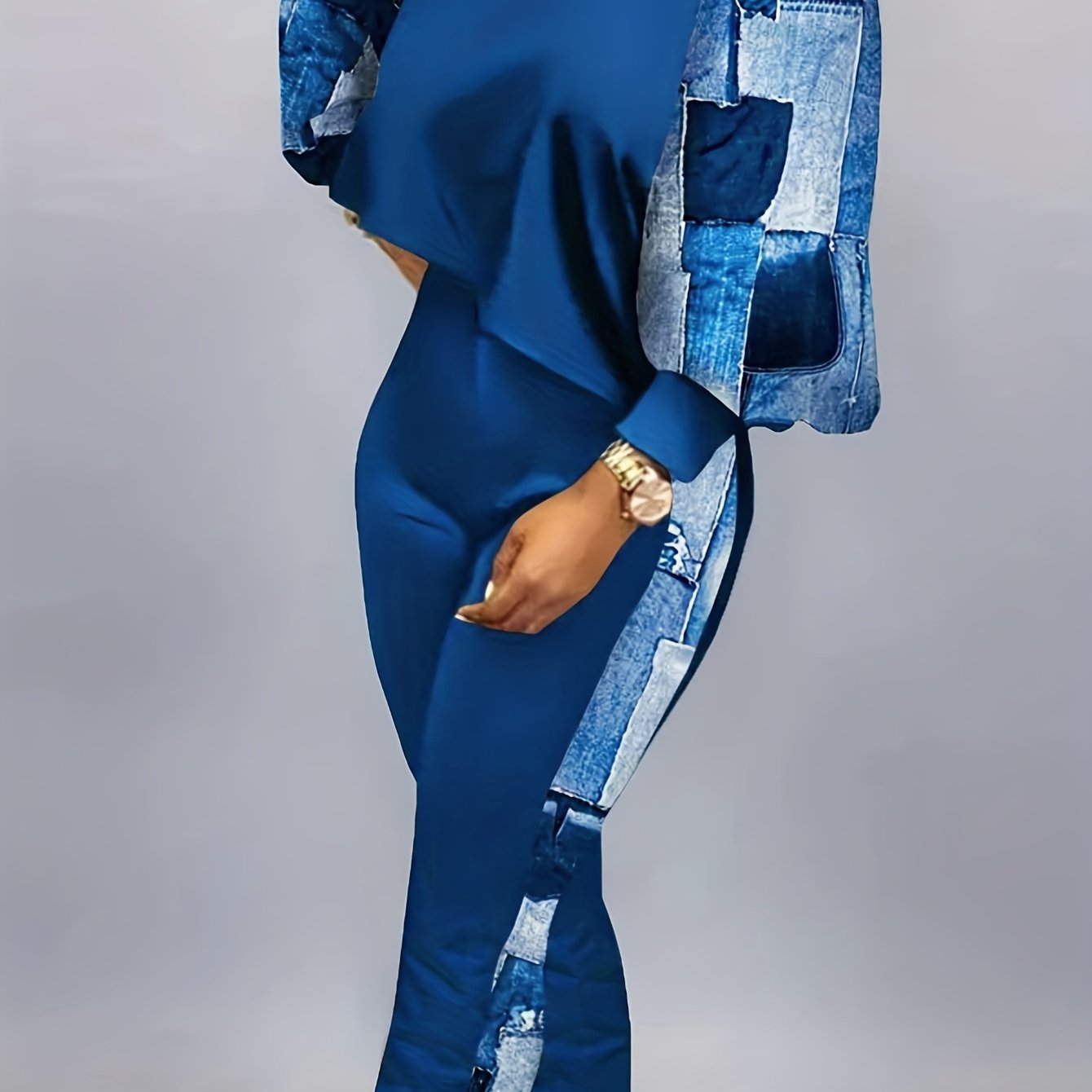 Patchwork Casual Two piece Set Crew Neck Long Sleeve Tops & Long Length Pants