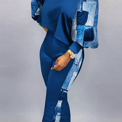 Patchwork Casual Two piece Set Crew Neck Long Sleeve Tops & Long Length Pants