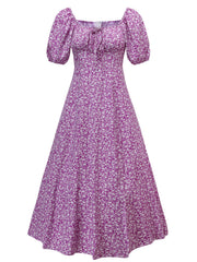 Floral Print Split Neck Puff Sleeve Dress