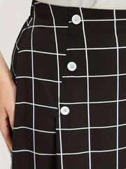 Gird Print Button High Rise Knee Length Skirt