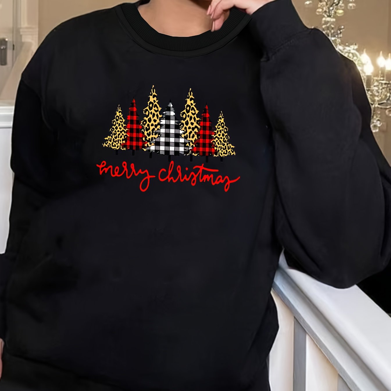 Women's Plus Size Christmas Lounge Top Long Sleeve Round Neck Stretch Tee