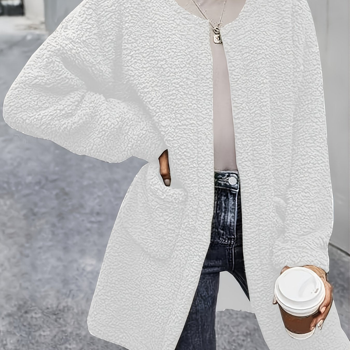 Women's Fluffy Winter Fur Coat with Crew Neck