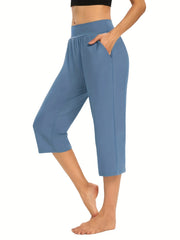 Elastic Waist Pocket Cropped Pants Casual Stretchy Stylish Pants