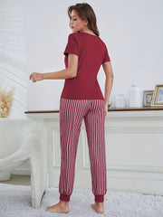 Letter Print Pajama Set Short Sleeve Crew Neck Top & Striped Pants