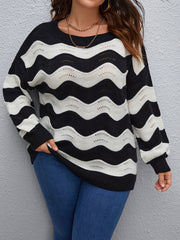 Colorblock Hollow Out Round Neck Sweater Plus Size