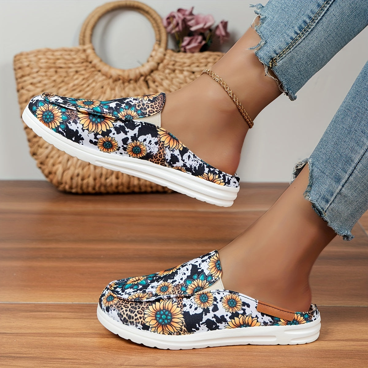 Women's Sunflower Print Mules Sneakers Slip On Loafers