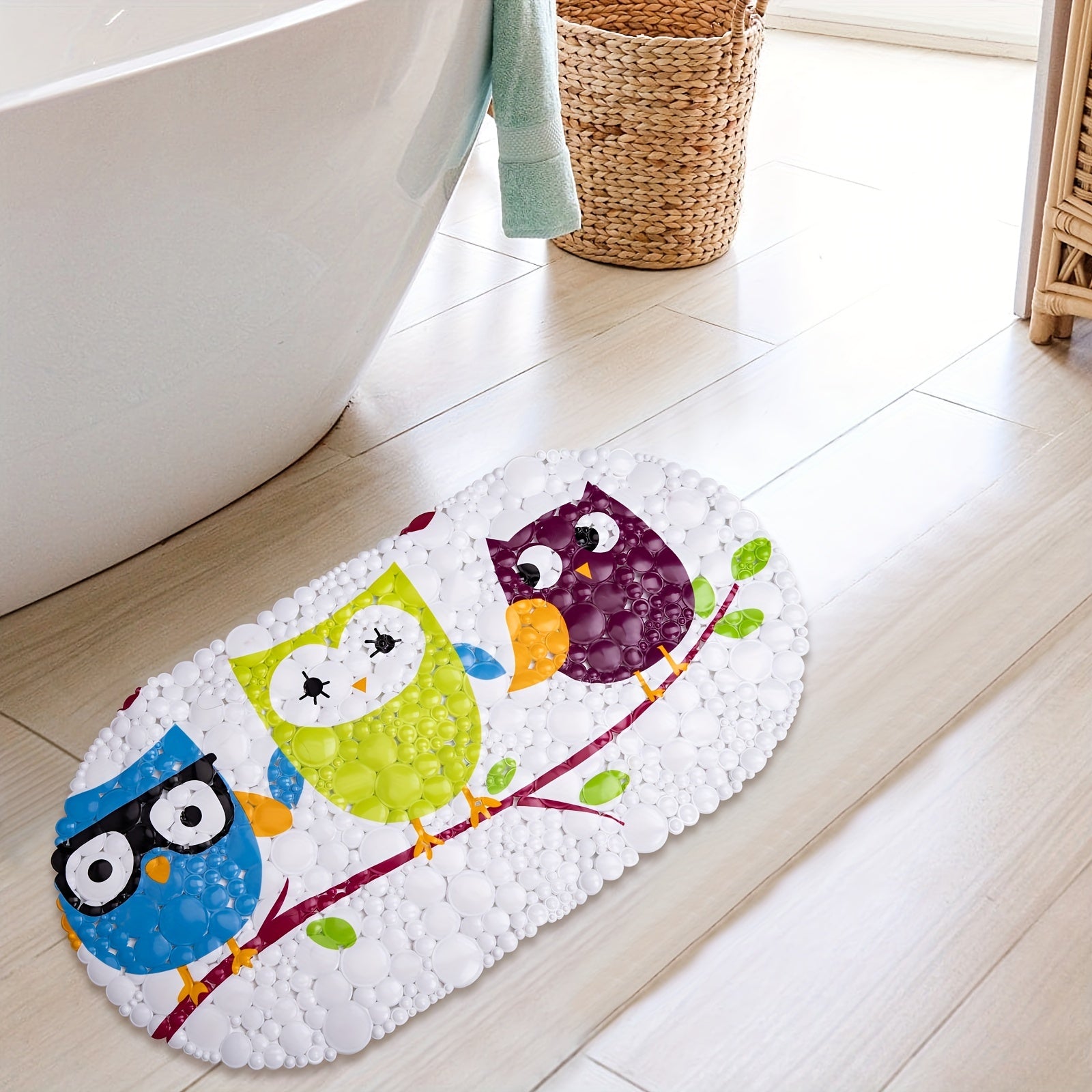 Cartoon Bird Anti-slip Shower Stall Mat with Drain Holes and Suction Cup
