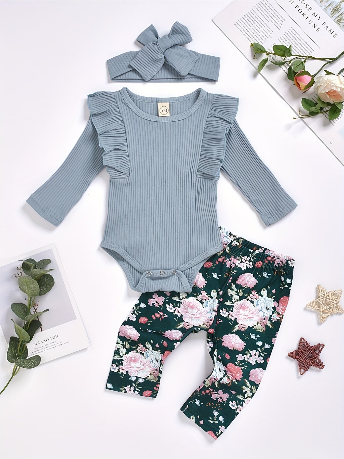 Baby Girls Ruffle Trim Bodysuit Floral Pants Set Outfit
