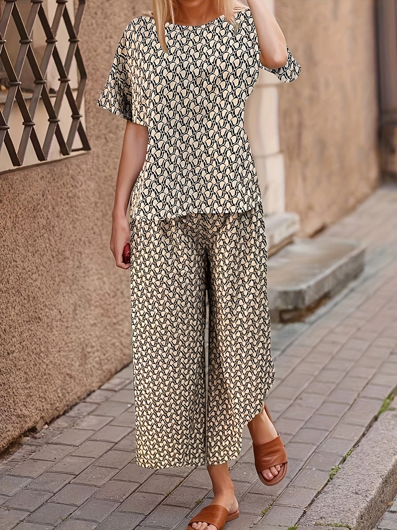 Two piece Set Short Sleeve Top & Wide Leg Pants Outfits