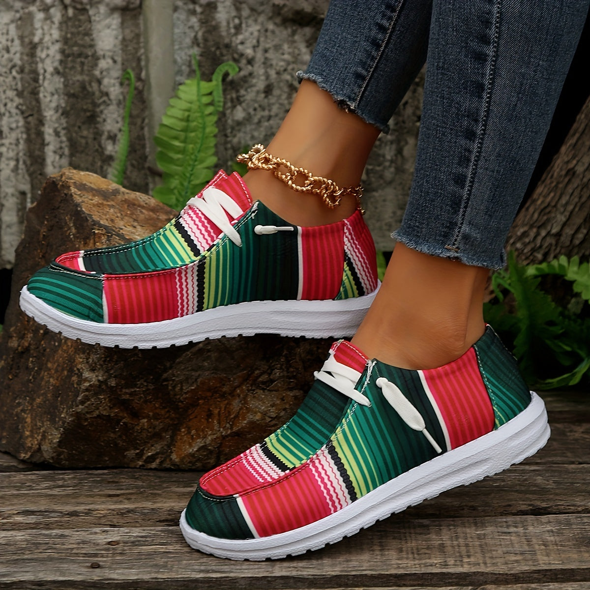 Women's Striped Canvas Shoes Round Toe Slip On Loafers Lightweight Flats