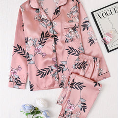 Floral Pajama Set Long Sleeve Top & Elastic Waistband Pants Women's Sleepwear
