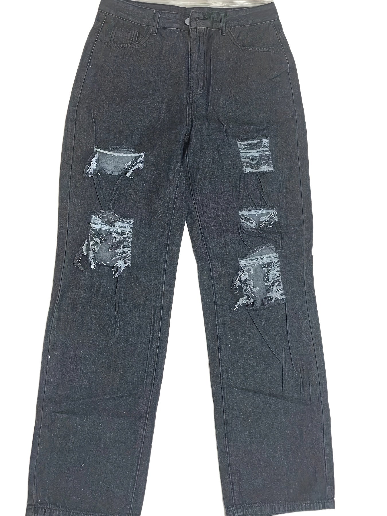 Distressed Ripped Hole Denim Pants Women's Loose Fit Straight Jeans