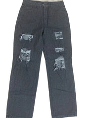 Distressed Ripped Hole Denim Pants Women's Loose Fit Straight Jeans