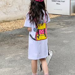 Girl's Backpack Pattern Dress Casual Cotton Short Sleeve Loose Dress