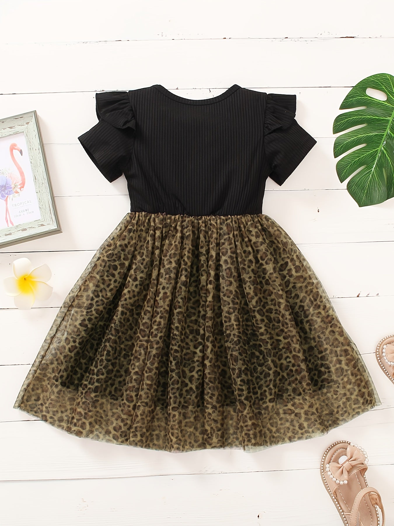 Toddler Girls Short Sleeve Leopard Tulle Princess Dress for Party